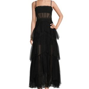 Illusion Tiered Ruffled Tulle Square Neck Mesh Sleeveless Gown